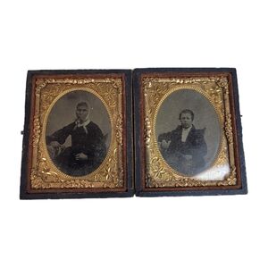 2 Antique 1800's Gold Wood Back Framed 2X3 Tin Type Older Lady Bonnet & Teen Boy